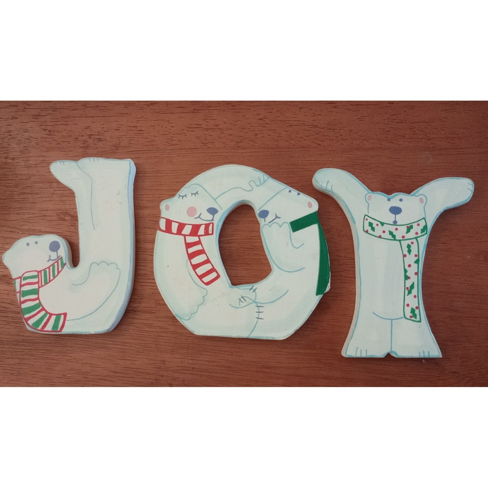Wooden Polar Bear JOY Christmas Sign Holiday Tabletop Decor White Red Green